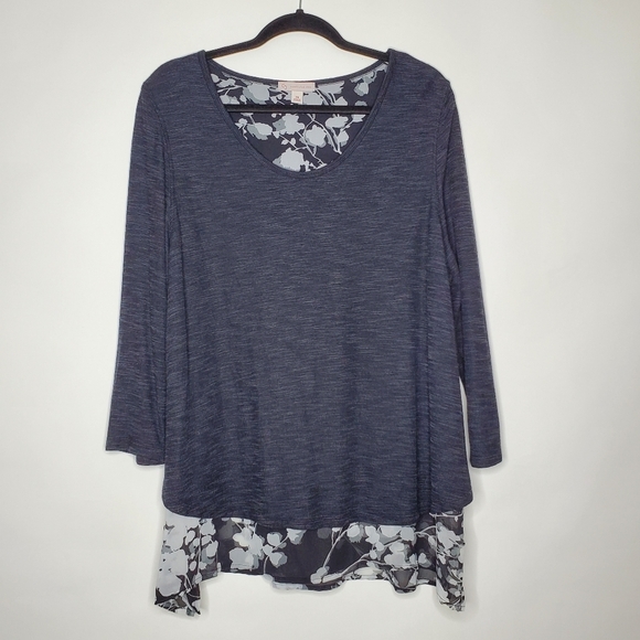 Layered Tiered Floral Hem Tunic Size 2X Mixed Media Knit Pullover Scoop Neck Top - Picture 1 of 11